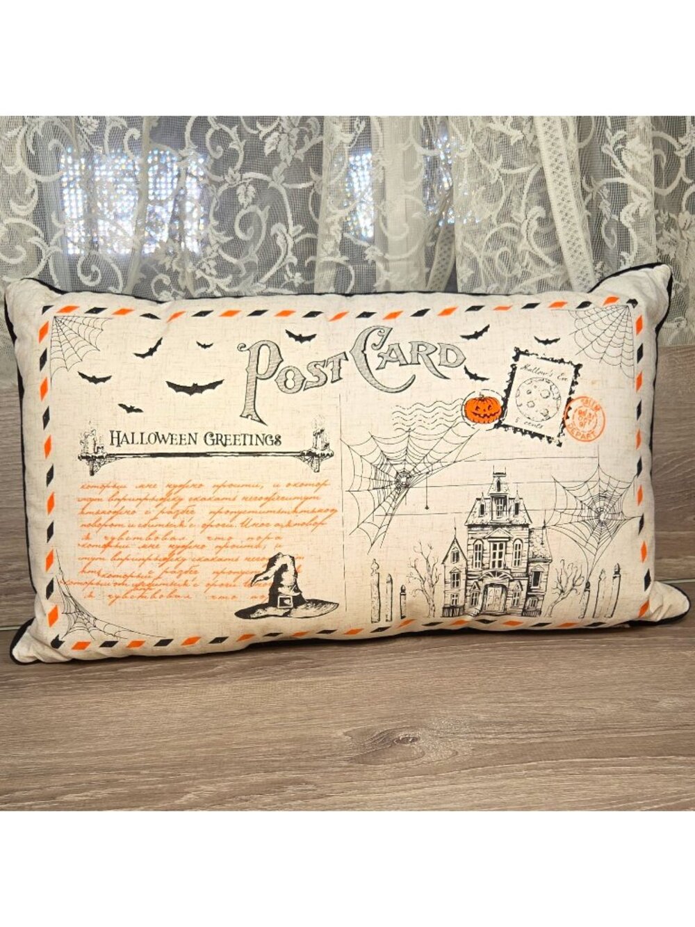 At Home Halloween Greetings Retro Postcard Rectangular Decorative Pillow 14x24
